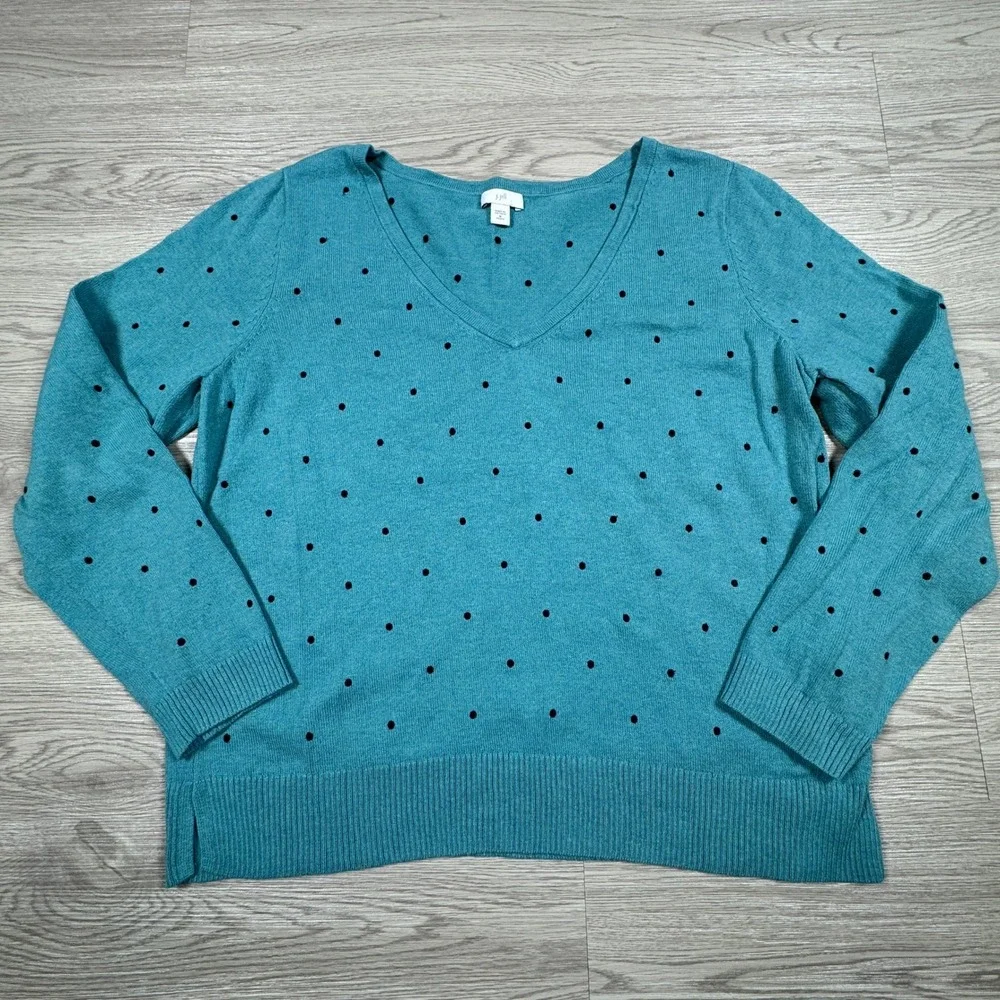 J. Jill Women's Sweater V-Neck Polka Dot Teal Blue Knit Med Petite Long‎ Sleeve